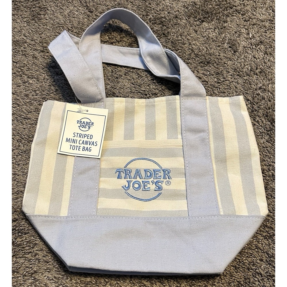 Trader Joe's Mini Pastel Stripe Canvas Tote Bag Limited Edition - BLUE